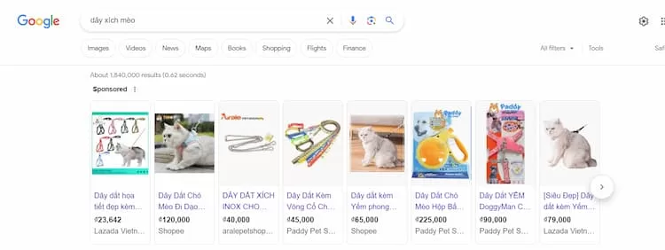 Ví dụ hiển thị của Google shopping ads