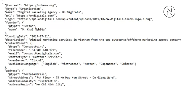 Example of On Digitals schema in JSON-LD format for structured data
