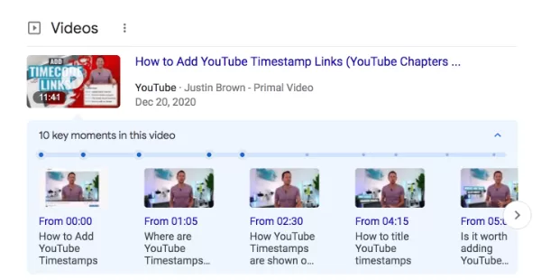 Use keywords in timestamps for YouTube seo boost (Source: JustinBrown)