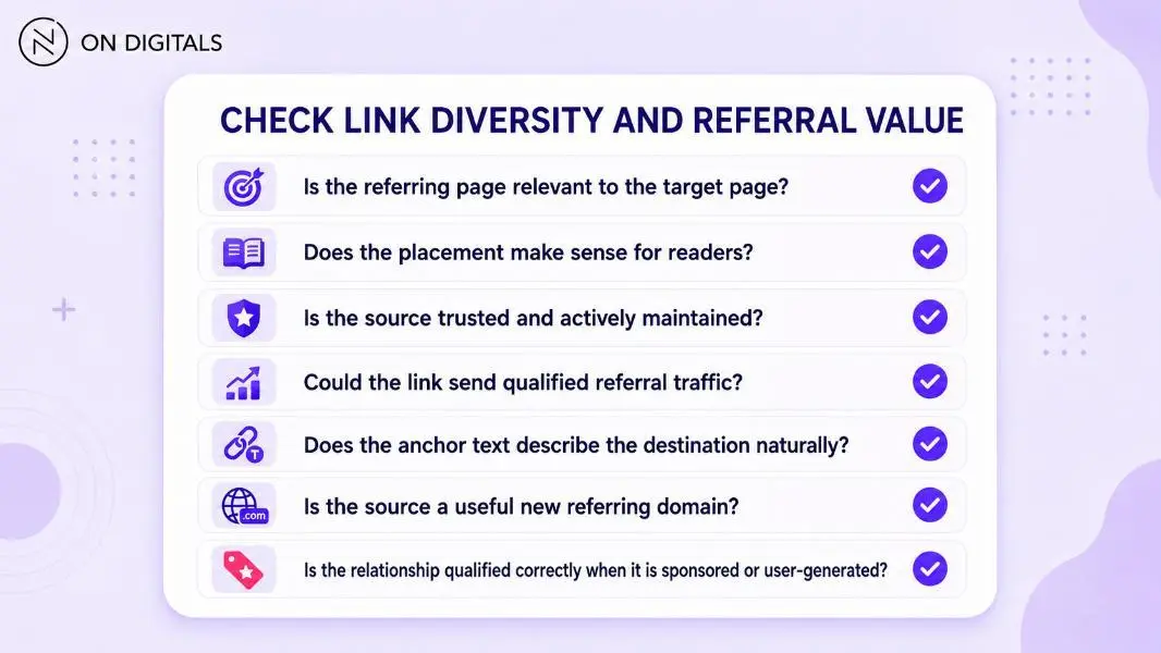 Backlink diversity and referral value checklist