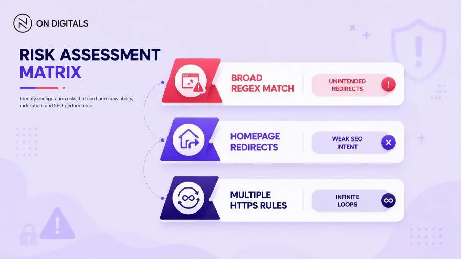 Common htaccess redirect mistakes including loops and broad regex matches