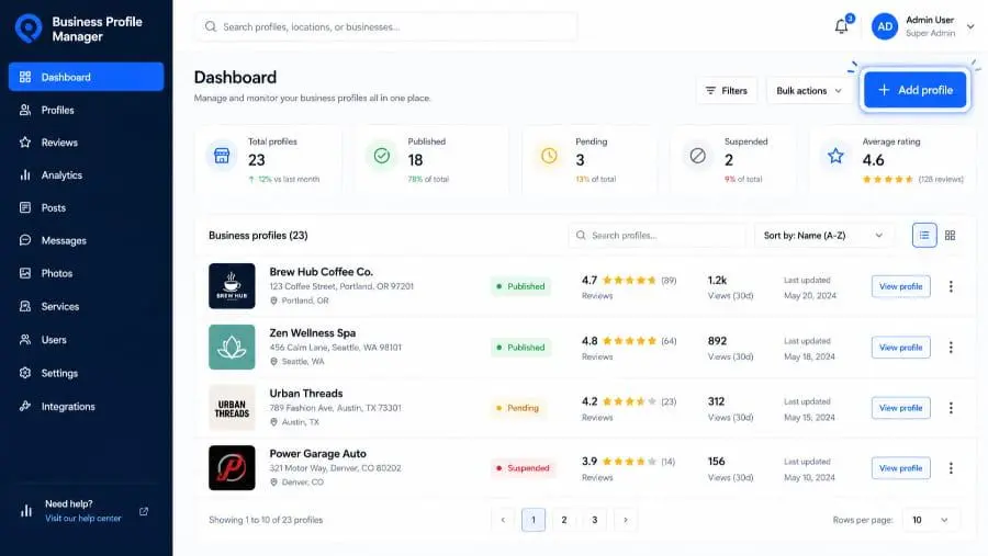 Google Business Profile Manager screen showing where to add a new business location